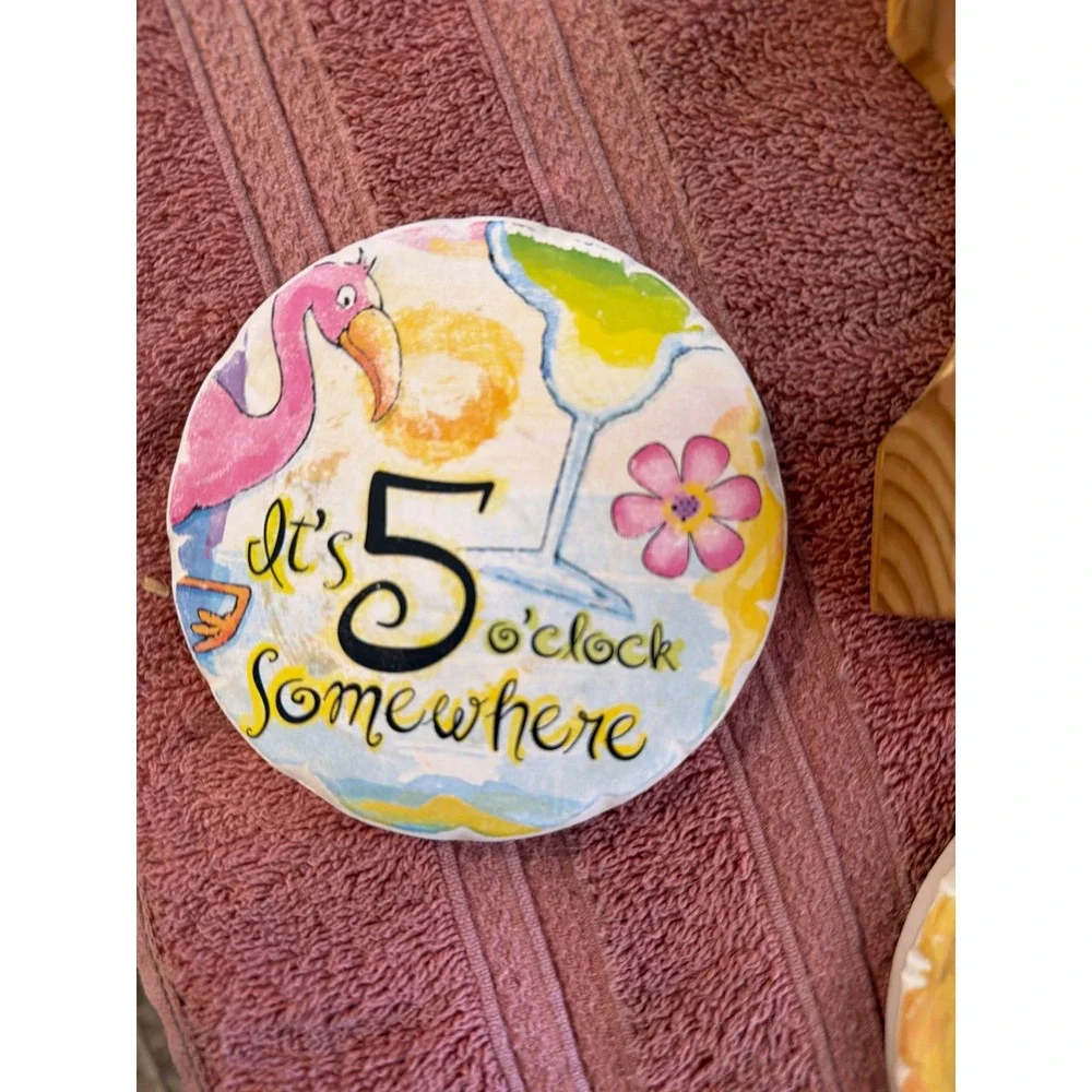 Set of 5 Tropical‎ Beach Absorbent Stone Coasters with Wood Holder Multicolor